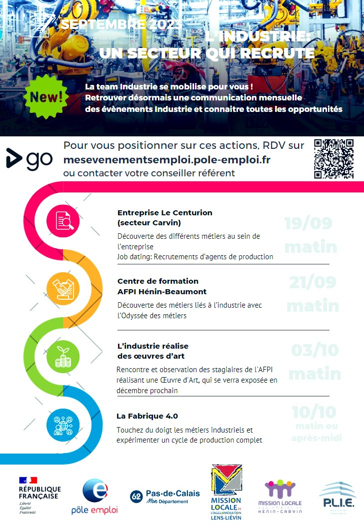La Team Industrie bassin Henin/Carvin/Lens/Liévin se mobilise pour vous!
🆕Retrouver les actions du territoire dans cette communication mensuelle
Pour se positionner? Rien de plus simple, RDV sur Mes événements Pôle emploi🔝

<a href="/JeromeVagniez/">Vagniez Jérome</a> <a href="/LedruB/">LEDRU Marie Blandine</a> @poleemploi_HDF <a href="/AfpiFormation/">AFPI Formation&Alternance</a>