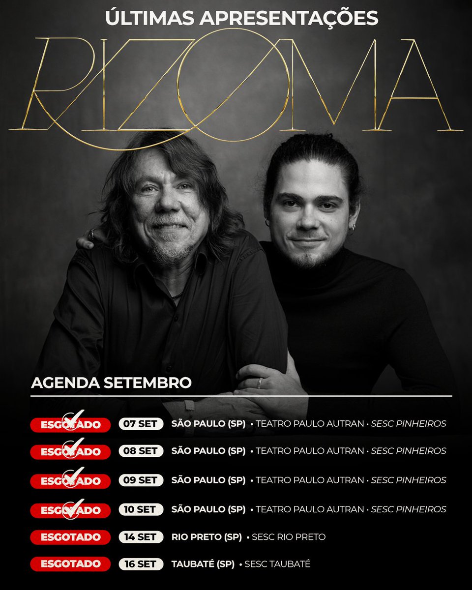Rizoma está chegando em Rio Preto e Taubaté! Ingressos esgotados.

Em breve, novas datas das últimas apresentações da turnê.