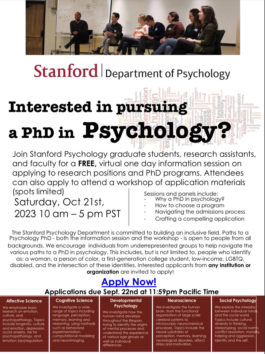 StanfordPsych's tweet photo. Interested in pursuing a PhD in Psychology? 🧠 Apply to attend a free, virtual one day information session on applying to research positions and PhD programs! 

Applications are due September 22nd at 11:59pm Pacific Time - see the thread below for more details ⬇️ https://t.co/AZ2L495sYm
