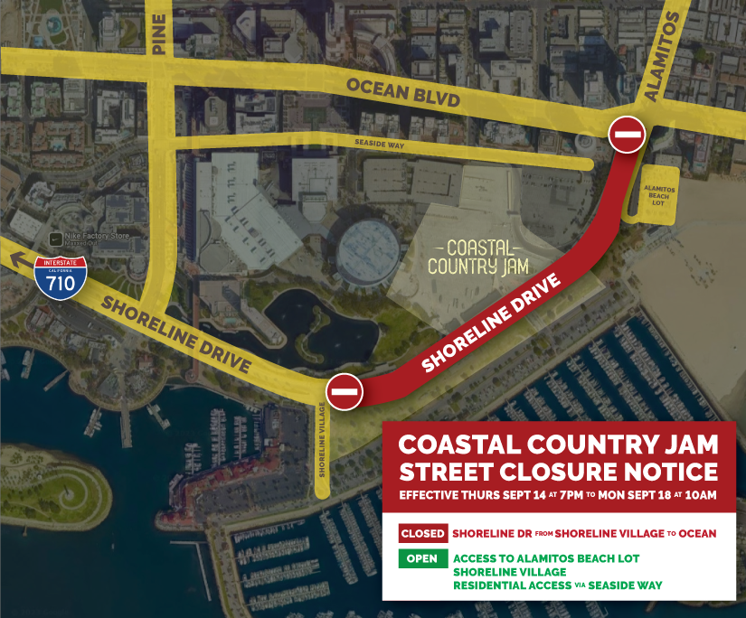 ⚠️STREET CLOSURE NOTICE⚠️
Coastal Country Jam will be at the Convention Center Lot &amp; Marina Green 9/16 &amp; 9/17 and Shoreline Dr will be closed from Ocean to Shoreline Village Dr effective Thurs 9/14 at 7p to Mon 9/18 at 10a.
For more info go to their FAQ ➡️ coastalcountryjam.com/faq/
