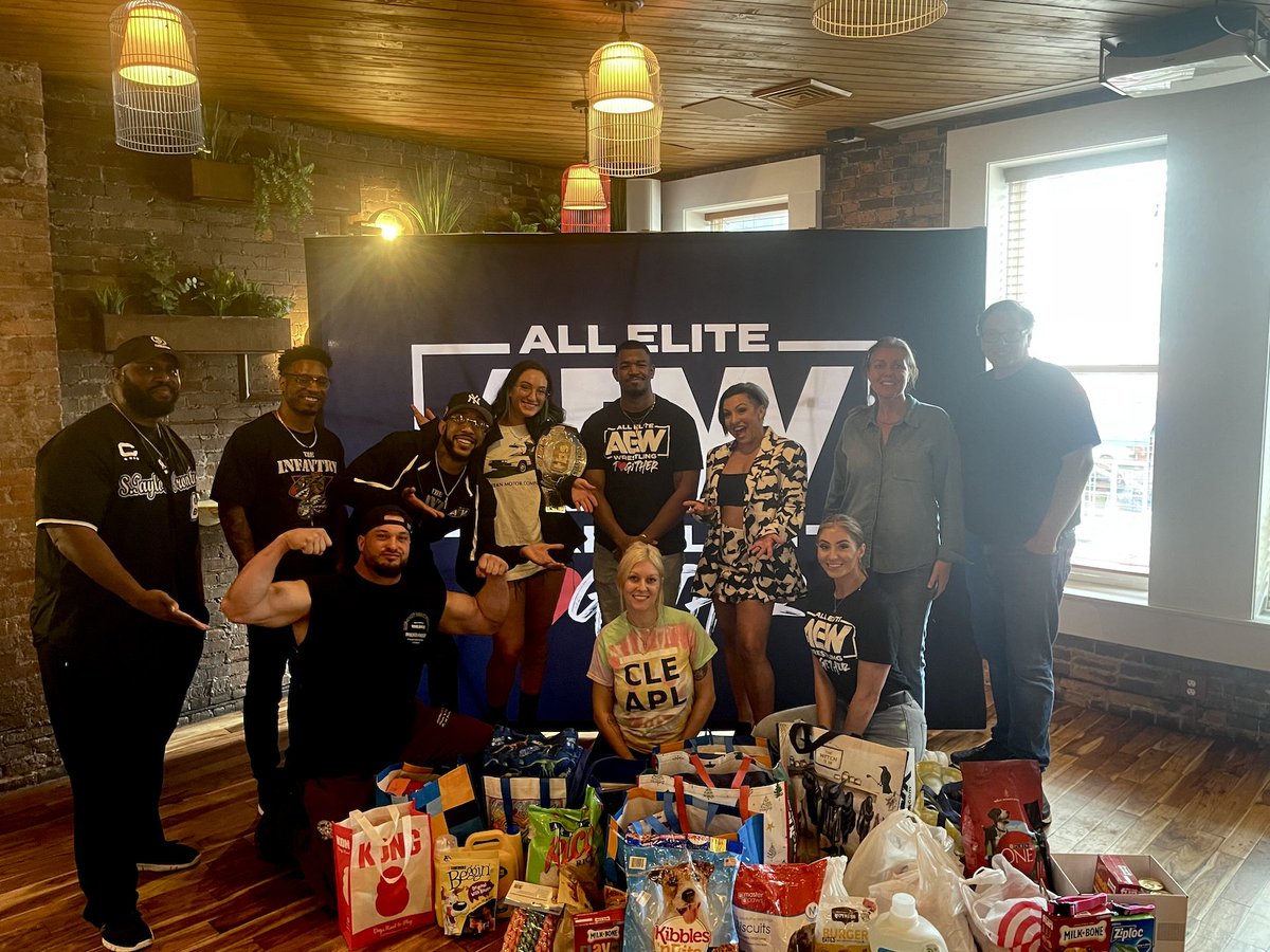 AEWTogether's tweet photo. Before doors opened for #AEWCollision in Cleveland, several AEW Stars stopped by Townhall in Ohio City for a meet and greet with fans benefitting the @ClevelandAPL. Thanks to the help of our passionate fans, we raised supplies to help support staff and volunteers at the Cleveland APL who care for thousands of animals each year! More info at https://t.co/fnvLZoq7Oy ❤️