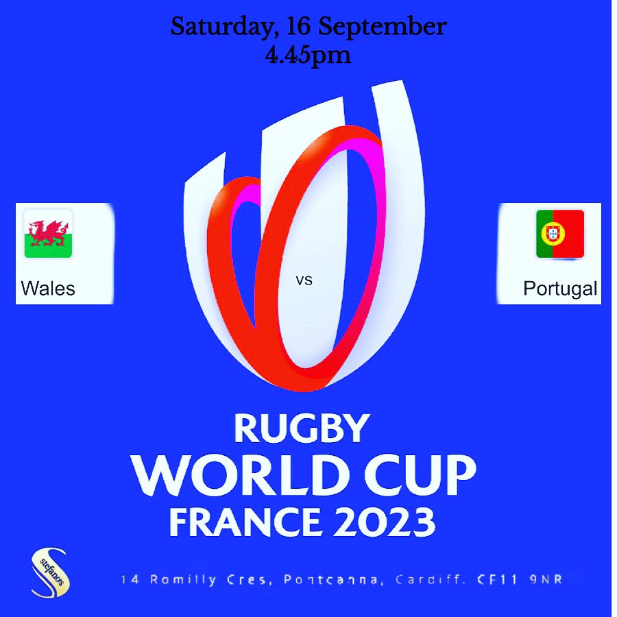 What a first week of the Rugby World Cup 🏉 
🍝Come and dine with us (while not missing any of the action from the World Cup matches)
🍕Wales vs Portugal  (Saturday 16th September) 

How to book:
📲 Call us: 02920 372768.
💻 Book via our Website: Stefanos.co.uk