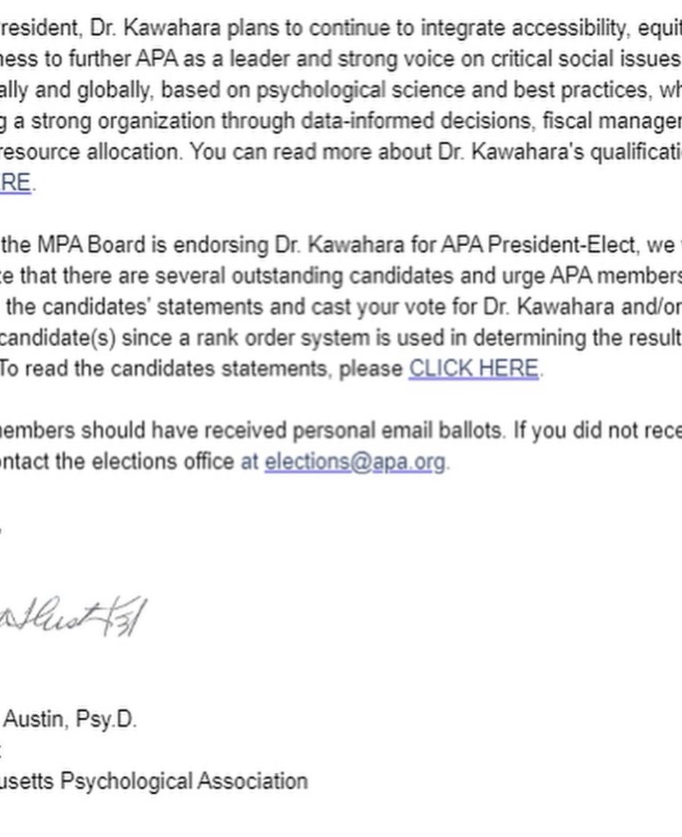 Grateful for the endorsement from the Massachusetts Psychological Association! Together, we will build a stronger APA and a better world! Strength in Unity! #debra4apa #strengthinunity