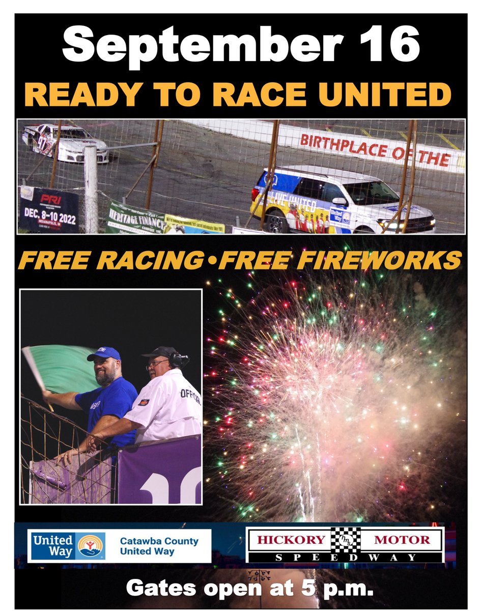 🏁🎆 Join us this weekend at the Hickory Motor Speedway for a thrilling FREE race and fireworks show, all thanks to our incredible community partners, Catawba County United Way! 🤝🚗💨 Don't miss out on the action and fun! 🙌 #RaceWeekend #CatawbaCountyUnitedWay