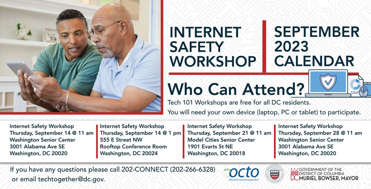 This week, OCTO is hosting Internet Safety Workshops to teach our #CyberSeniors how to avoid scams &amp; stay safe while surfing the web &amp; using their personal devices.

📍555 E Street NW | Rooftop Conf. Rm.
🗓️ Thursday, 9/14
⏰ 1 PM

Learn more🔗 ready.dc.gov/npm

#PreparedDC
