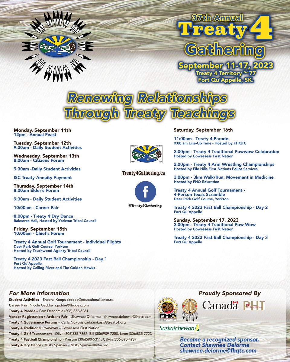 TreatyOfficeSK's tweet photo. The Treaty 4 Gathering is underway in Treaty 4 Territory, Fort Qu'Appelle Sask! This year's gathering has the theme of Renewing Relationships Through Treaty Teachings.
All the events are here https://t.co/BB3P44cuLK https://t.co/vsjOesJ9zo