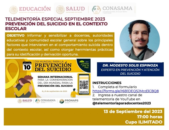 Se les invita a toda la comunidad universitaria a que asistan a la Telementoría: “Prevención del Suicidio en el Contexto Escolar”
Registro:
1.      Completa el formulario forms.gle/r6B1DEQSJMcd3C….
2.      Ingresa al canal de telementoría de Youtube en: youtube.com/@telementoriap….