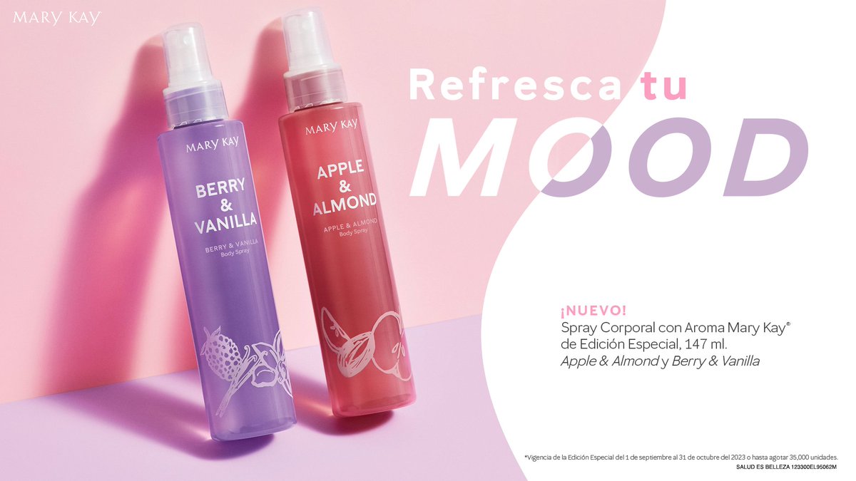 MaryKayDeMexico's tweet photo. Consiéntete por un momento de pies a cabeza con los aromas frutales y florales del ¡Nuevo! Spray Corporal con Aroma Mary Kay® de Edición Especial. 🌸
¡Encuentra el tuyo aquí! https://t.co/f39xfltEqz
#MaryKaydeMéxico #CuidadoDeLaPiel #SprayCorporal https://t.co/uh6GijBjLT