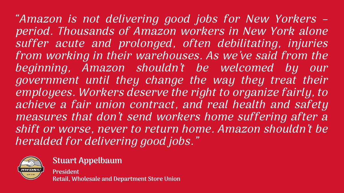 After <a href="/NYCMayor/">Mayor Zohran Kwame Mamdani</a> welcomed Amazon to NYC at the ribbon cutting of their new flagship offices, <a href="/RWDSU/">RWDSU</a> President <a href="/sappelbaum/">Stuart Appelbaum</a> issued the following statement: "Amazon is not delivering good jobs for New Yorkers – period." 

rwdsu.info/rwdsu_statemen… (1/3)