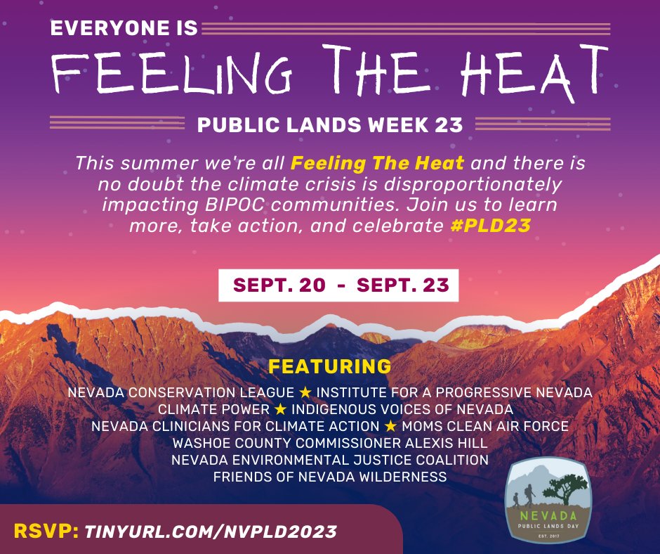 ProgressForNV's tweet image. This summer, everyone is Feeling the Heat. Cool off during #PublicLandsWeek and join us to learn more about how climate change is impacting our communities and what you can do to be a climate ally! 🌎
Check out all our planned events at tinyurl.com/NVPLD2023 #PLD23