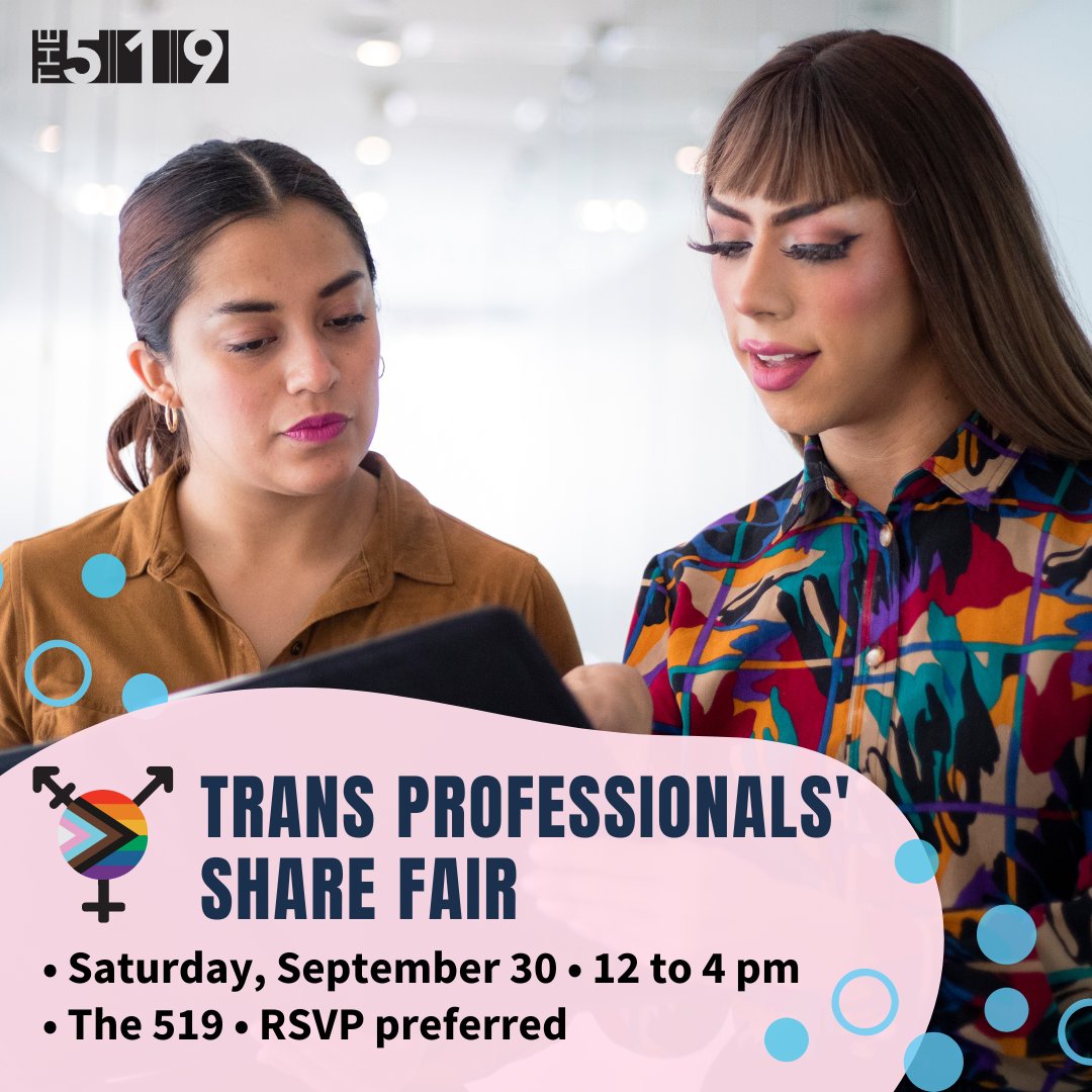 Inviting 2 Spirit, trans, and non-binary professions for  the Trans Professionals' Share Fair - an afternoon of in-person networking: 
When: Saturday, September 30, 2023
Time: 12 to 4 p.m.
Where: The 519 [ 519 Church St.]
Register: eventbrite.ca/e/trans-profes…