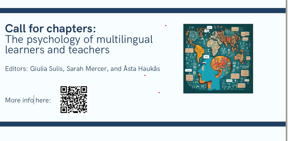 CALL FOR BOOK CHAPTERS! We are working on a proposal for an edited book collection with Routledge focusing on the intersections between multilingualism and the psychology of language learning and teaching (PLL). Our favourite topics! Please scan the QR code to find out more!