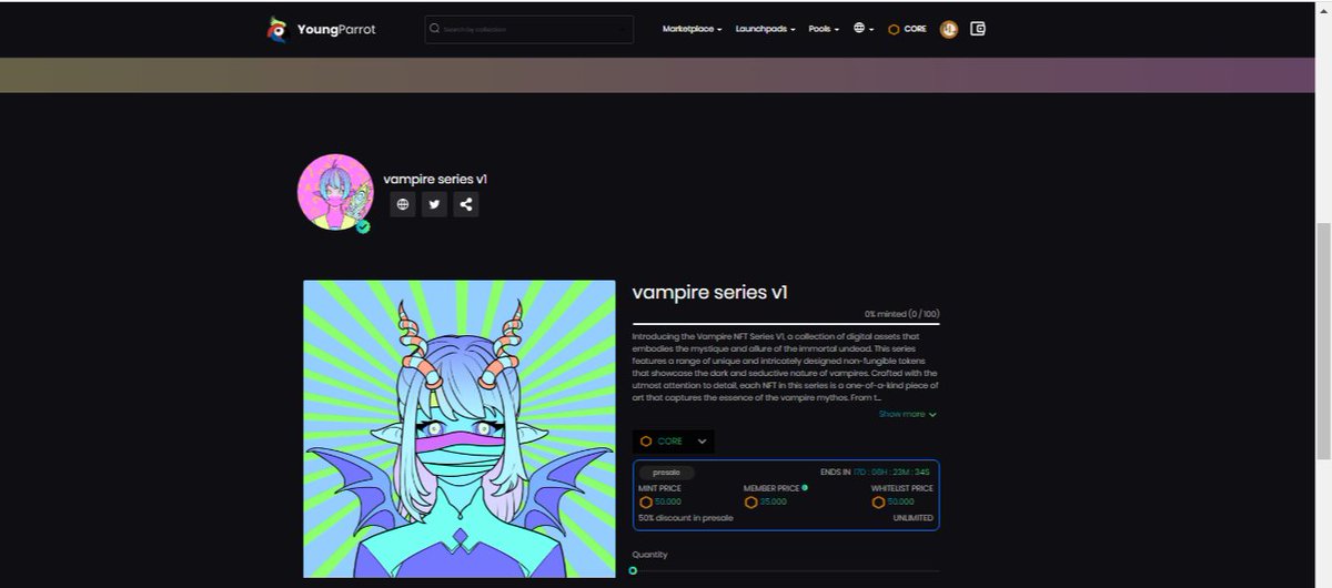 🚀🚀🚀 New Launchpad:

The Vampire NFT Series V1 is a limited edition collection.

Max Supply: 100
MINT PRICE: 50.00 CORE
MEMBER PRICE: 35.00 CORE
Mint at: app.youngparrotnft.com/core/launchpad…

<a href="/youngparrotnft/">YoungParrot</a> <a href="/Coredao_Org/">Core DAO 🔶</a> 
<a href="/Brandlab8998/">Brandlab</a>