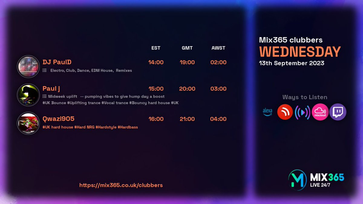 Mix365R's tweet photo. Tomorrows line up starting with dj pauld, Wednesday 13th September 2023. Interact and participate in chats with our DJ's at https://t.co/Sr8yYnDOqt

19:00 - dj pauld

20:00 - paul j

21:00 - qwazi905

#UKBounce #Upliftingtrance #Vocaltrance #Bouncyhardhouse #UKhardcore #Hardhouse https://t.co/jj7d9BIqQ8