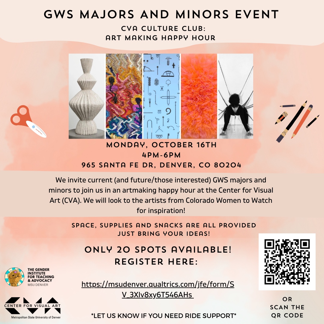 Calling all GWS majors and minors: Let's come together to build a vibrant community and draw inspiration from the incredible artists of 'Colorado Women to Watch.' 💜 Whether you're already part of the GWS family or considering a major or minor, this event is for YOU. Link in bio