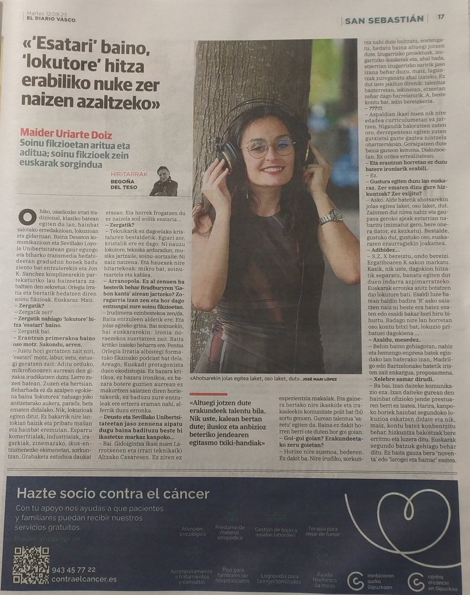 Hementxe <a href="/diariovasco/">El Diario Vasco</a>-n Begoña del Tesok egindako elkarrizketa. Lokuzioari buruzko gogoetak, <a href="/IrratiaOrlegia/">Orlegia Irratia</a>-k jartzen dizkidan erronkak eta aldarrikapena: euskara zaintzeko euskarazko sorkuntza sustatu behar da eta, horrenbestez, euskal sortzaileak zaindu
#Zaindumaiteduzunhori