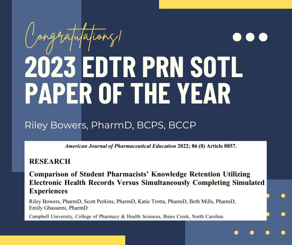 Please join us in congratulating Dr. Riley Bowers, our winner of the 2023 SoTL Paper of the Year Award. They will be recognized at the EDTR PRN Business Meeting at the Annual Meeting in Dallas this November. Congratulations!