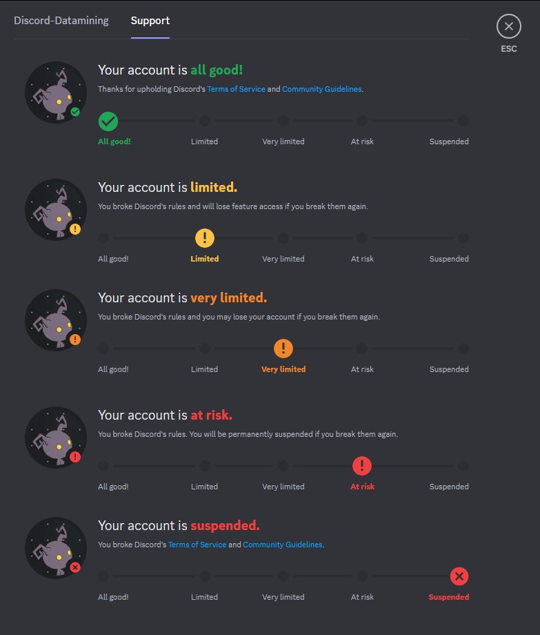 DiscordBetasES's tweet photo. Discord va a agregar un apartado en tu perfil donde podras ver el estado de tu cuenta, desde si tiene algunas funciones limitadas, hasta si esta en riesgo de ser baneada, tambien podras ver las razones de tus advertencias y capturas de ellas, esta funcion puede cambiar. https://t.co/zgNTOK2SCm