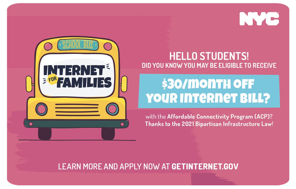NYCKidsRISE's tweet photo. ๐ป#ACP provides New Yorkers with $30 off their internet to support continued learning outside the classroom. Anyone with a child in @nycschools qualifies!
Apply: https://t.co/qCik7VLTJM
Get support from @BKLYNlibrary: https://t.co/5JDcYE0zP8 #BackToSchoolWithACP https://t.co/SaFwcA6W6Q