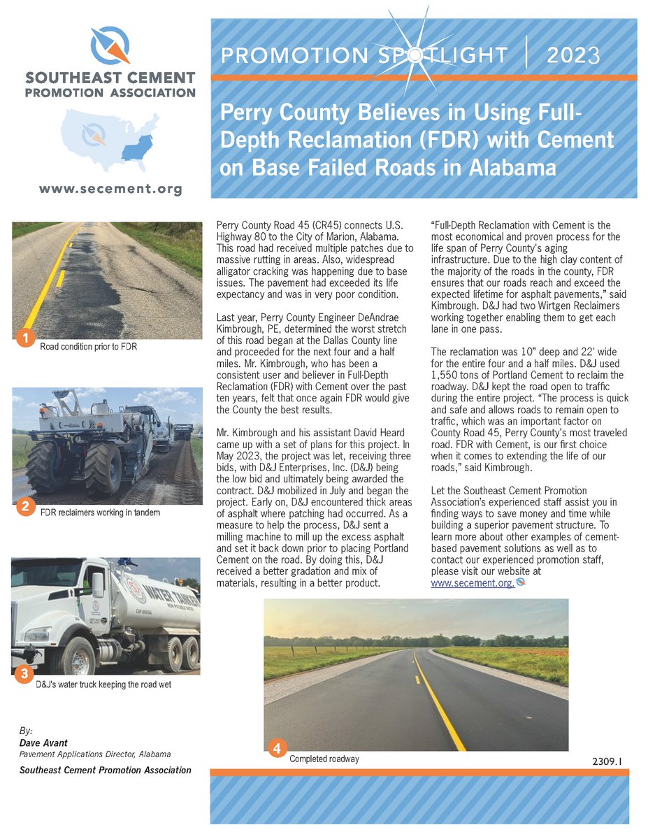 Read our September Spotlight: Perry County Believes in Using Full-Depth Reclamation (FDR) with Cement on Base Failed Roads in Alabama
secement.org/.../09/2309_1_…