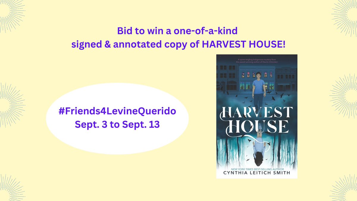 Bid @ #Friends4LevineQuerido auction to win an author signed-and-annotated copy of HARVEST HOUSE by Cynthia Leitich Smith. HARVEST HOUSE is an Indigenous YA ghost mystery, cover art by @holoske, published by @CandlewickPress: 32auctions.com/organizations/… @DebLakritz @LevineQuerido