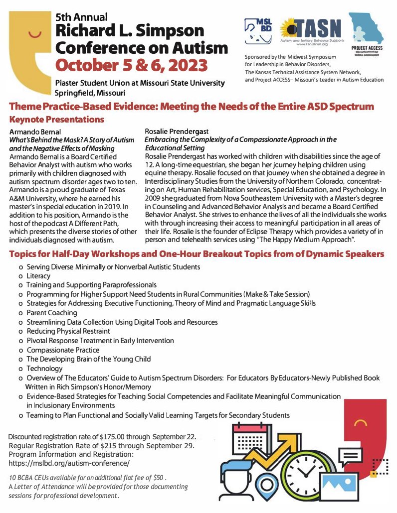 Can't wait to attend and present at the 5th Annual Richard L. Simpson Conference on Autism! Join me on October 5 &amp; 6, 2023, in Springfield, Missouri. 

mslbd.org/autism-confere…

Two full days of learning - keynotes, workshops, breakout, and a social event.