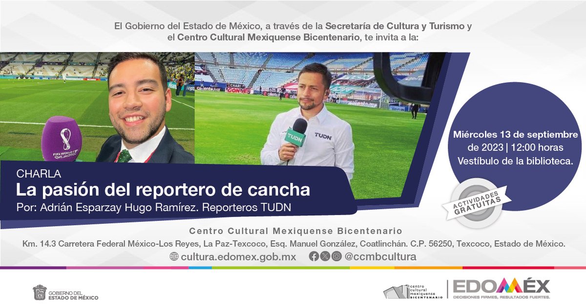 MDeporteEdomex's tweet photo. La pasión del deporte también se vive en los medios de comunicación. Mañana te esperamos en la charla "LA PASIÓN DEL REPORTERO DE CANCHA", donde nuestros invitados de TUDN #AdriánEsparza y #HugoRamírez  nos hablarán de su profesión 🥳⚽️📽️📺🎙️ https://t.co/tK4oVN06eU