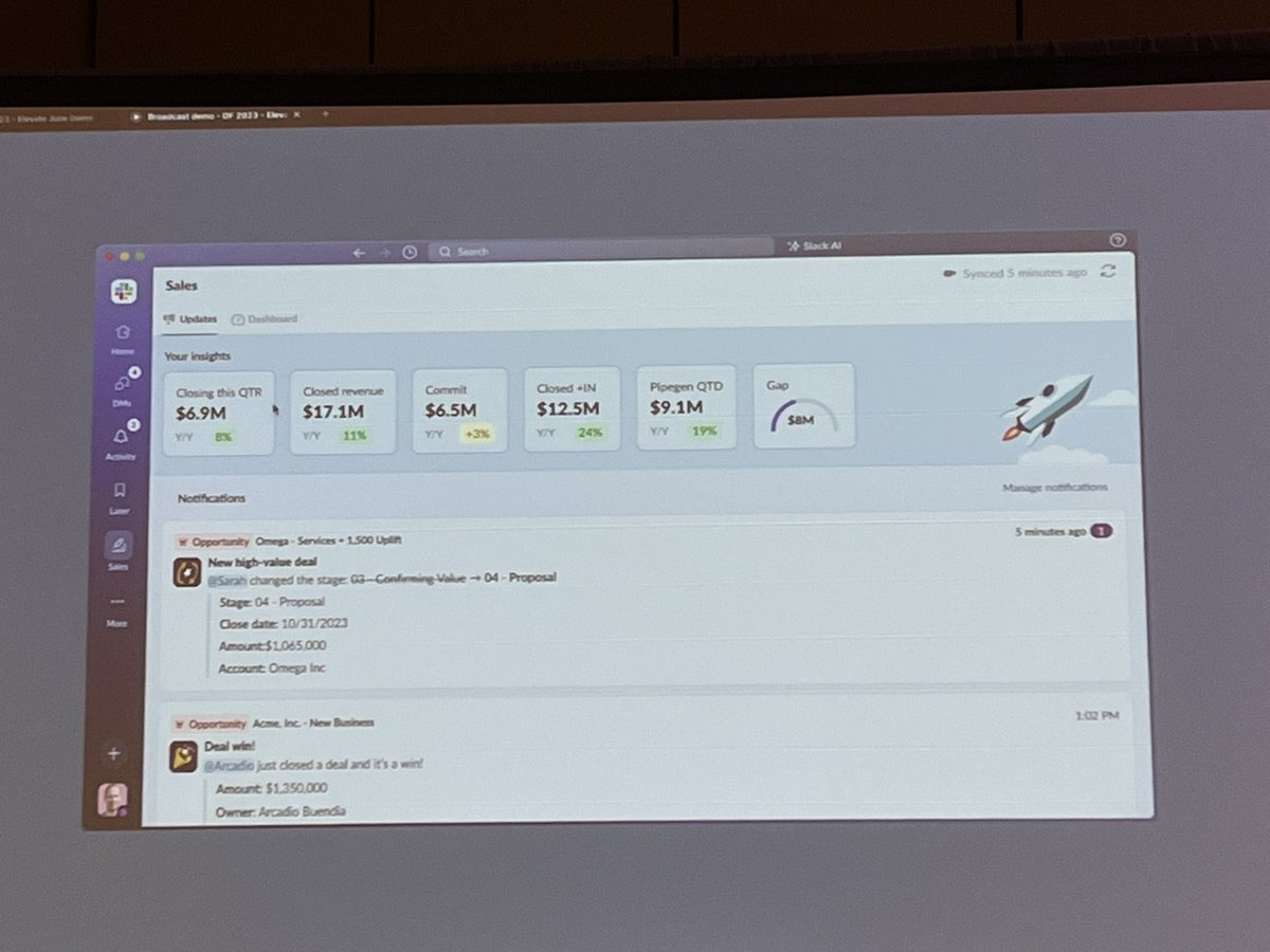 askslackman's tweet photo. #Slack Sales Elevate looks really powerful  ... not only making it easier for Sales people to use CRM, but also improving data accuracy and completeness. Oh yeah, and it makes team selling better! #DF23 #Dreamforce https://t.co/92ordhldEf