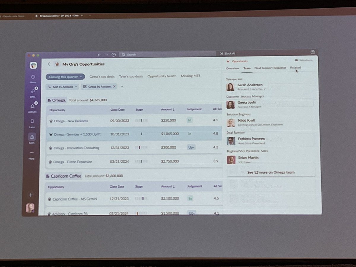 askslackman's tweet photo. #Slack Sales Elevate looks really powerful  ... not only making it easier for Sales people to use CRM, but also improving data accuracy and completeness. Oh yeah, and it makes team selling better! #DF23 #Dreamforce https://t.co/92ordhldEf