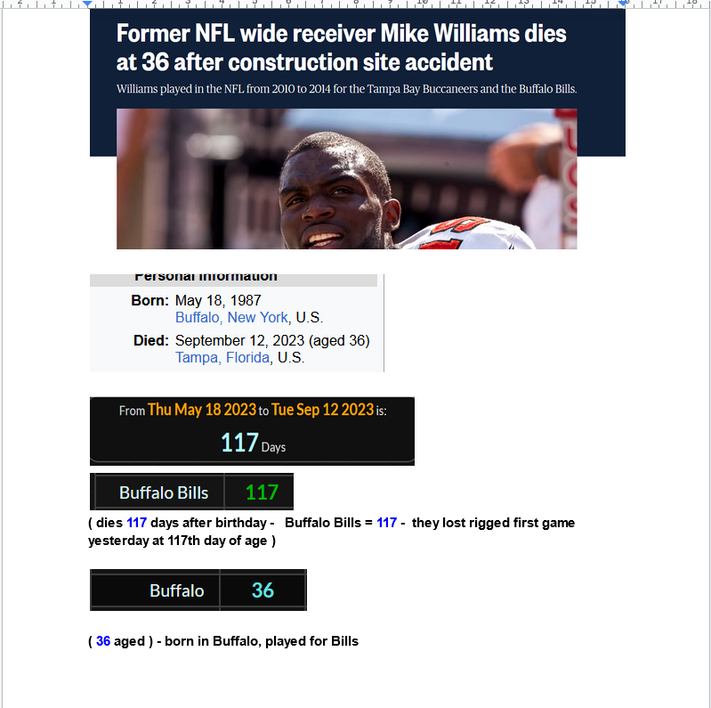 SerbianGematria's tweet photo. Mike Williams, former NFL Bucs / Bills player
- death by numbers
#gematria #NFL #Buffalo #mikewilliams #deathbynumbers https://t.co/h8vlupFyoc