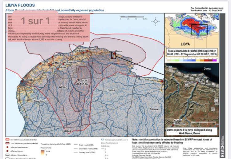 #Libya’s port city of Derna has been ravaged by floods from Storm Daniel. 🌧️Rainfall exceeded 100mm in just 3 days (vs average monthly rainfall< 1.5mm) 
10,000 people reported missing 

See <a href="/REACH_info/">REACH</a> initial map to understand the extent of the disaster ➡️repository.impact-initiatives.org/document/impac…