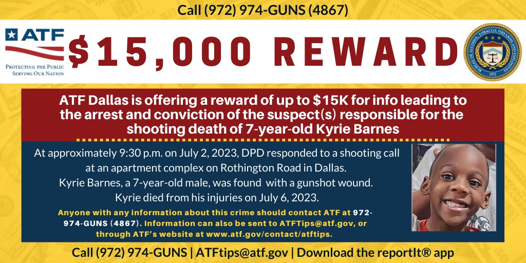 Kyrie Barnes succumbed to a gunshot wound on July 6th, 2023. Police are actively investigating and searching for answers. @ATFDallas is offering up to $15K for info leading to the arrest and conviction of those responsible. Call 972-974-GUNS (4867) @DallasPD