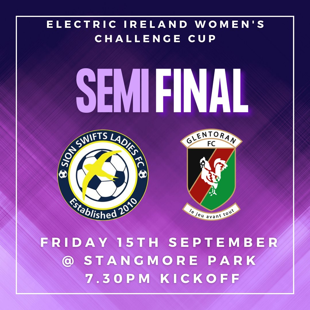 𝐄𝐈𝐖𝐂𝐂 𝐒𝐄𝐌𝐈-𝐅𝐈𝐍𝐀𝐋 🏆🏆 Huge game this Friday night as they take on Glentoran Women in the Electric Ireland Women's Challenge Cup Semi-Final 💪 📅 Friday 15th September 23 🏟️ Stangmore Park, Dungannon 🕘 Kickoff: 7.30pm 🏆 EIWCC Semi-Final #cmonyuswifts 💙💛