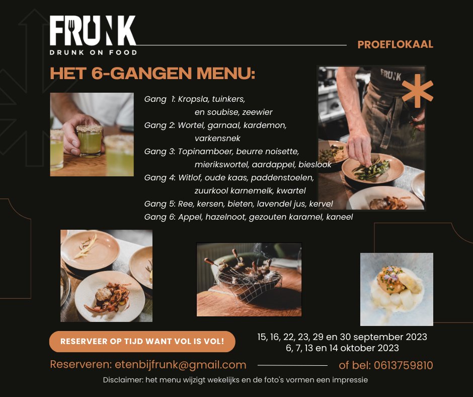 Zoals beloofd volgt hier het menu voor het komende weekeinde. Het aantal aanmeldingen voor de komende events loopt gestaag op. Voor komend wekeinde zijn nog een paar plaatsen beschikbaar.
#proeflokaal #FRUNK #etenendrinken #culinairgenieten