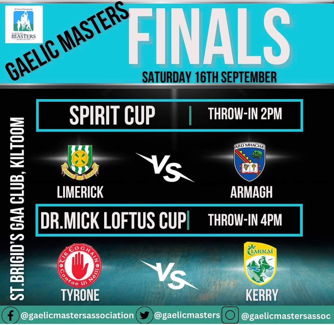 Gaelic Masters Association (@gaelicmasters) on Twitter photo Finals Weekend #2 & the fantastic facilities of <a href="/StBrigidsRos/">St.Brigid's Gaa Club</a> Kiltoom host Armagh & <a href="/LimerickGaelic/">Limerick Gaelic Masters</a> in the Spirit Cup at 2pm followed by Tyrone & <a href="/KerryMastersGaa/">Kerry Gaelic Masters</a> at 4pm in the Dr. Mick Loftus Cup.
We don't stop playing because we grow old,
we grow old because we stop playing. Finals Weekend #2 & the fantastic facilities of <a href="/StBrigidsRos/">St.Brigid's Gaa Club</a> Kiltoom host Armagh & <a href="/LimerickGaelic/">Limerick Gaelic Masters</a> in the Spirit Cup at 2pm followed by Tyrone & <a href="/KerryMastersGaa/">Kerry Gaelic Masters</a> at 4pm in the Dr. Mick Loftus Cup.
We don't stop playing because we grow old,
we grow old because we stop playing.