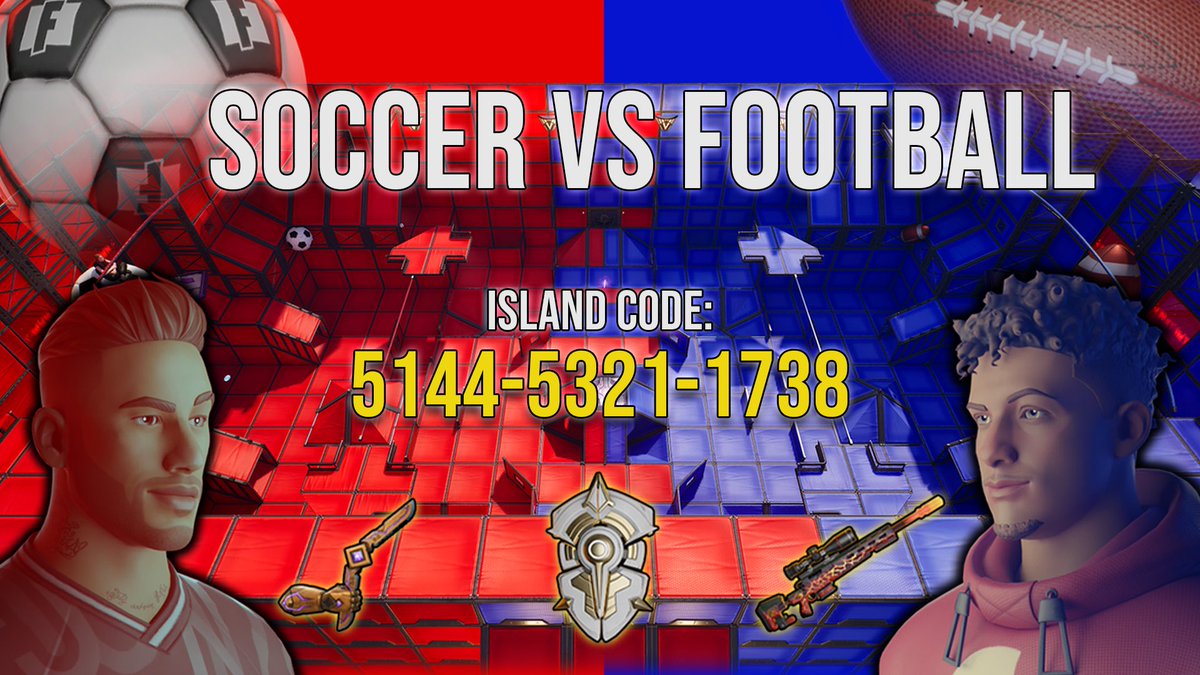 SOCCER VS FOOTBALLS🔥▶️ island code: 5144-5321-1738 🔴 MAXIMUM OF 20 PLAYERS 🔵 🔴 VAULT THAT OPENS IN 15 MINUTES 🔵 🔴 UPDATED WEAPONS 🔵 🔴 PLAY WITH FRIENDS 🔵 #Fortnite #redvsblue #gamer