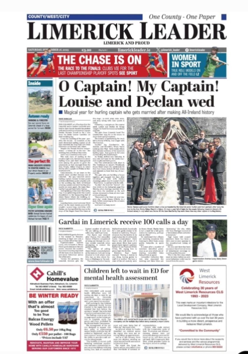 Page 1 of tomorrow's Limerick Leader🔽 And inside: - Person of the Month award to @HermitageGreen - Not 1, not 2, not 3 but 4 sets of twins start in one school - Interview with magician @stevespademagic - Farming feature - Property supplement - Special focus on Women in Sport