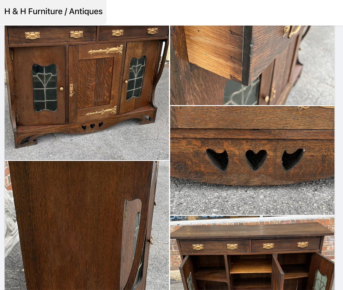 Take a look at this English Arts & Crafts buffet now in the store. Quartersawn oak, hand cut dovetails, cutouts and leaded glass with heart motif. Unique piece.  #antiquefurniture #englishfurniture #artsandcraftsmovement