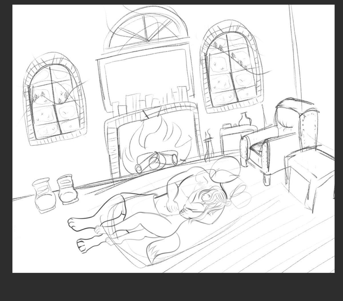 frostfoxarts's tweet photo. WIP sketch of a cute little scene that’s been stuck in my head for a while… 

Two cuties cuddling on a super soft blanket in front of a rug on a ski trip

I started out just doodling the pose and then just kept going because it made my heart happy 🥰 https://t.co/7nM5iv1J8b