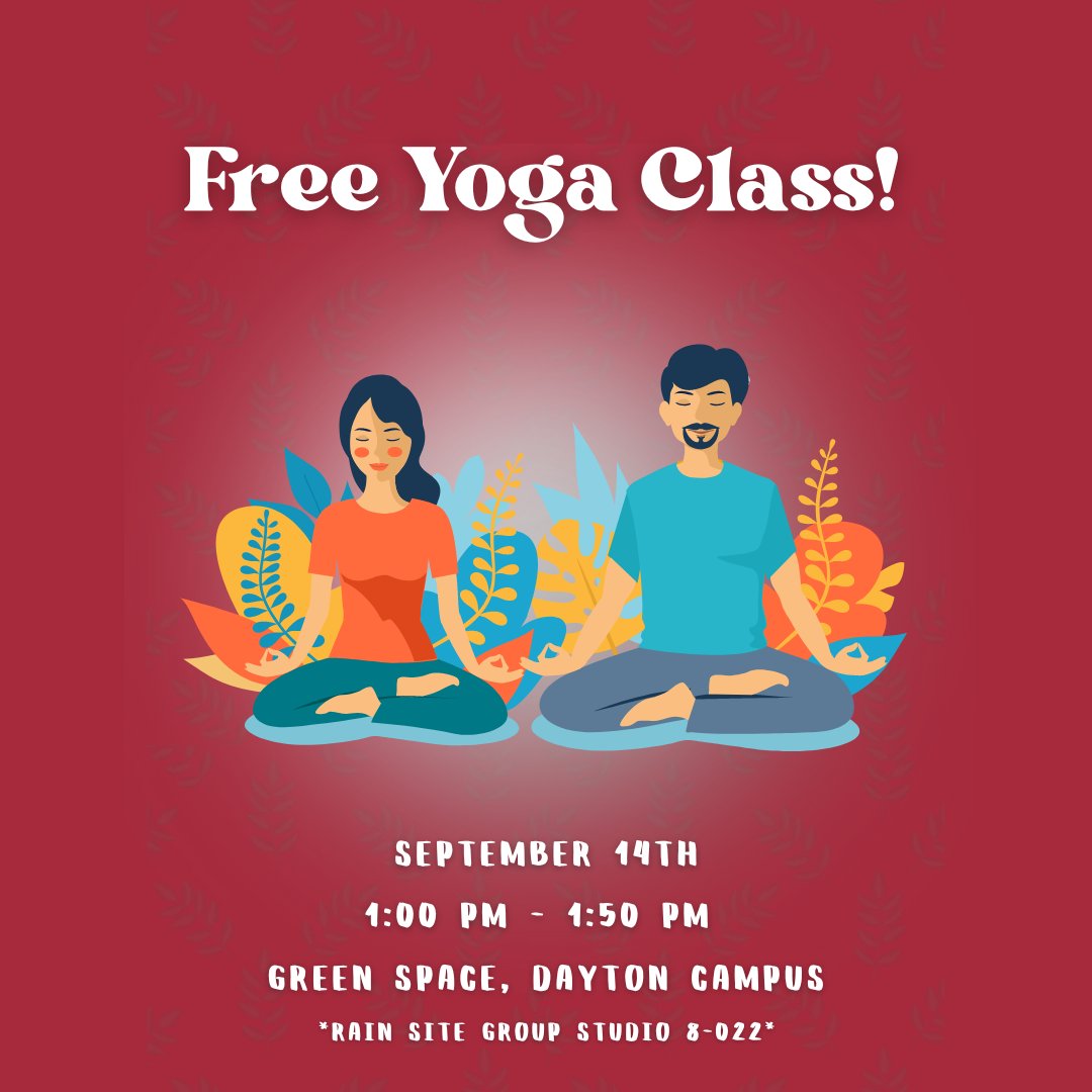 SinclairEngage's tweet image. Join us on for a FREE yoga class provided by the Physical Activities Center! 🧘September 14th 2023 1:00 PM to 1:50 PM. Mats are provided! Located in the Outdoor green space, behind Building 10. #daytonohio #sinclaircommunitycollege #sinclaircollege #yoga