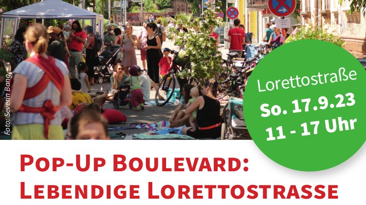 Pop-Up Boulevard: Lebendige Lorettostraße
am Sonntag, 17.9.2023 von 11 bis 17 Uhr
in #Freiburg 

Live-Musik
Siebdruck (bringt T-Shirts o.ä. mit)
Spiele und Straßenkunst

Straßenraum einfach mal umverteilen.
In Zukunft besser so.