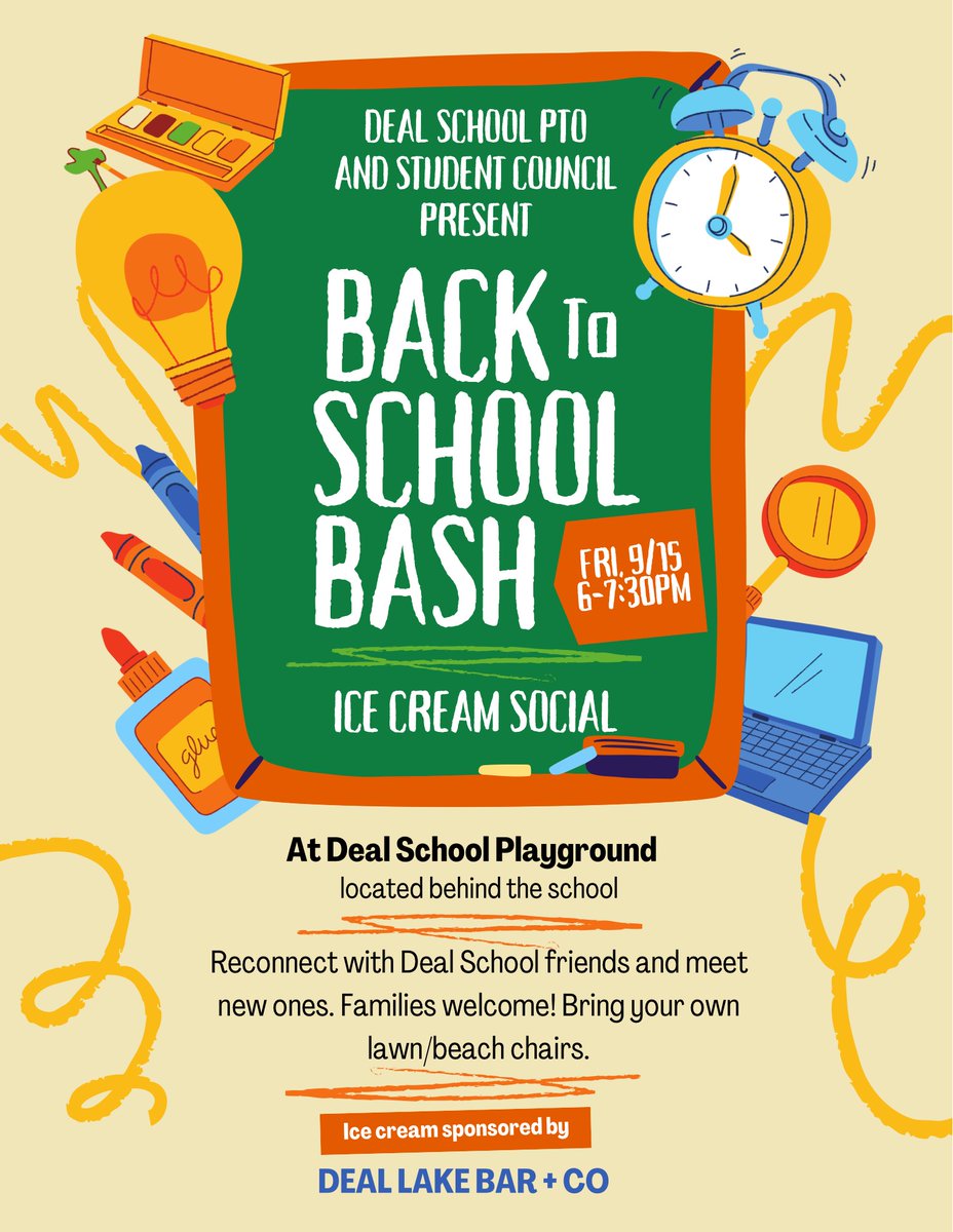 Quackenbushmath's tweet photo. Back to School Bash, hosted by the PTO &amp; Student Council! Come eat some ice cream served by our very own @DealPolice &amp; catch up with friends. Can't wait to see you all there this Friday from 6 to 7:30pm.
@dealschool https://t.co/BC4RFrHA7e
