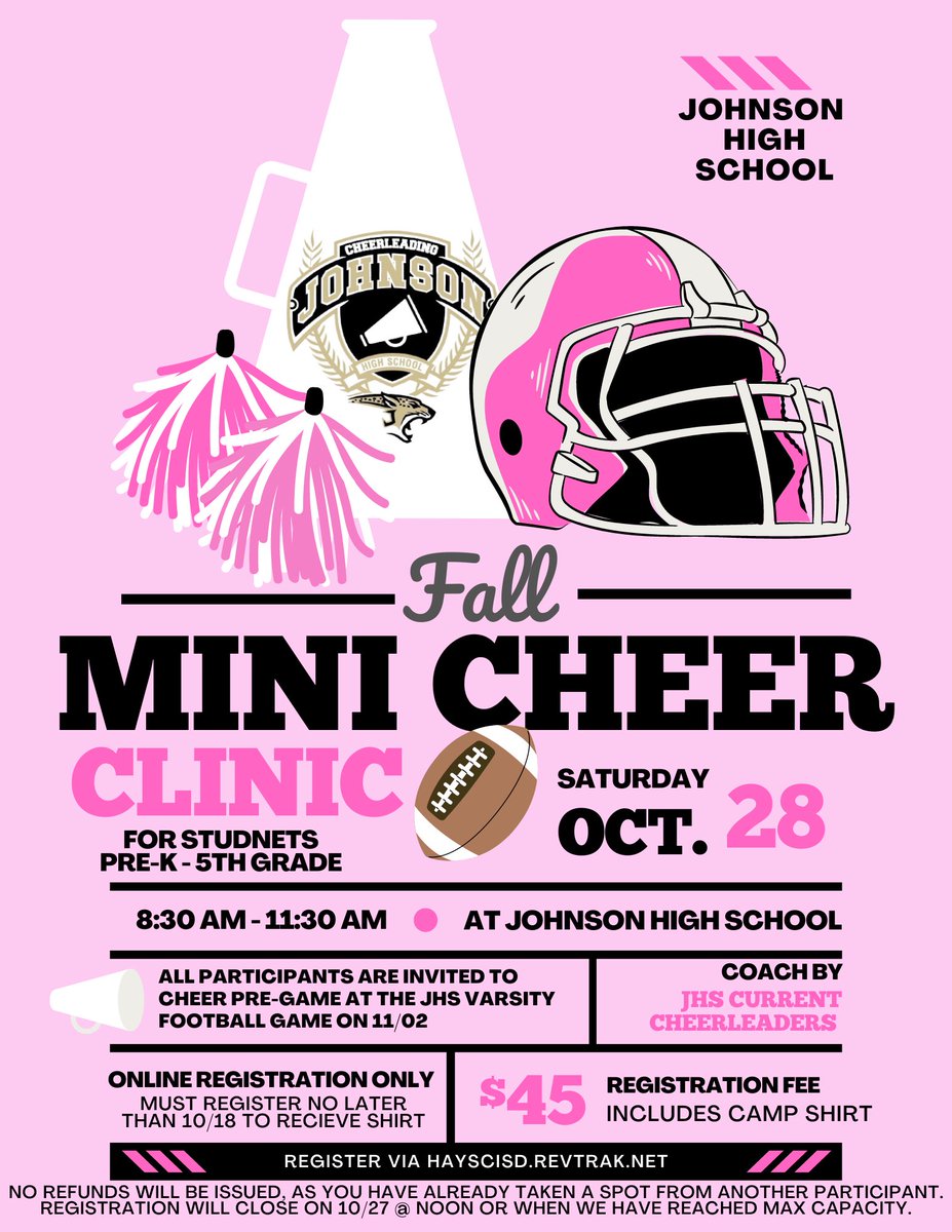 📞CALLING ALL FUTURE JAGUAR CHEERLEADERS!📣We are excited to announce our annual fall football junior jag cheer clinic!🗓️Saturday, October 28 ⏰8:30 - 11:30 AM🏈Participants are invited to cheer with us during the Varsity football on Thursday, November 2
hayscisd.revtrak.net/Campuses-and-I…