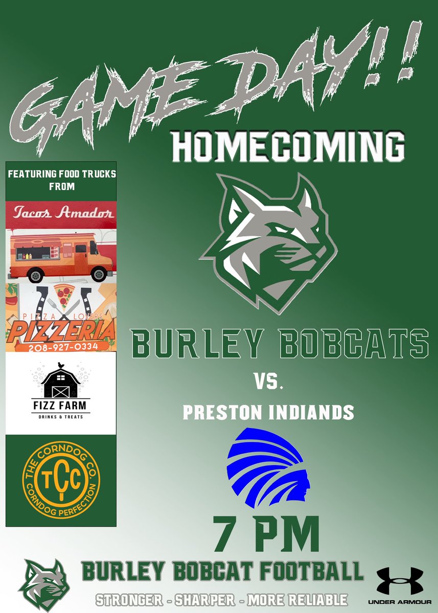 No event like a <a href="/Burley_Football/">Burley Bobcat Football</a> game! Some amazing food trucks on site for homecoming vs Preston! Come get some Pizza, Tacos, Corn Dogs and a drink from Fizz Farm! Other VERY big news to come! #idpreps #TheForge