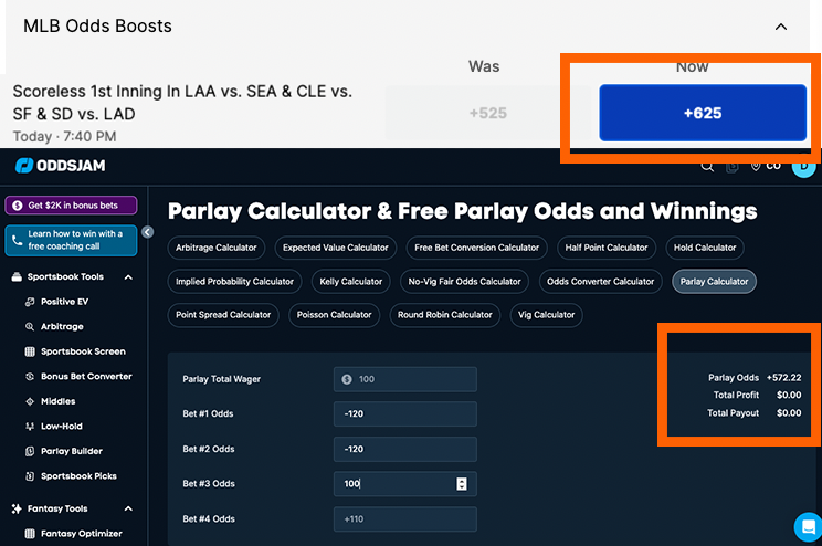 CoffeeAndBets's tweet photo. PARLAY OF THE DAY:

@barstoolsports  is offering a #Sportsbet profit boost. Get +625 on this 3-leg baseball parlay. Fair odds are +572 = PROFIT!

Note: I use @oddsjam for my Parlay Calculator. Link for those interested: https://t.co/tLUHAPqdj8 https://t.co/dxKUbAJcK9