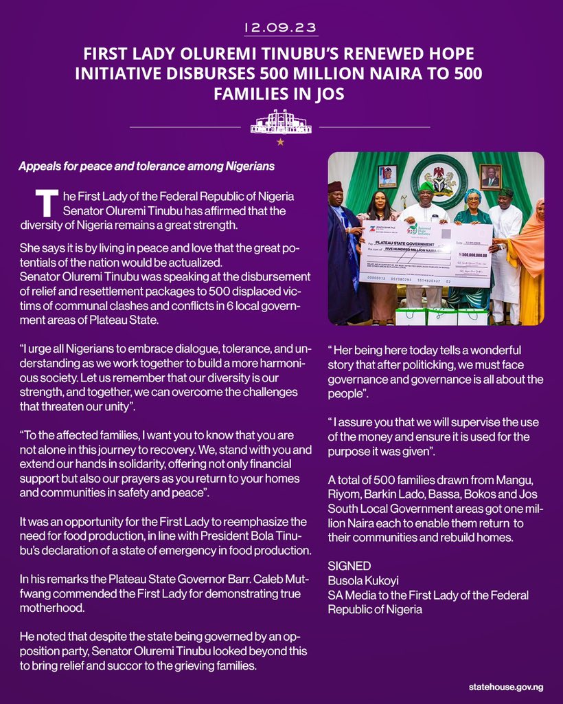NGRPresident's tweet photo. First Lady Oluremi Tinubu’s Renewed Hope Initiative Disburses 500 Million Naira to 500 Families in Jos

#StateHousePressRelease #StateHouseNG https://t.co/8qBVVnAp4Y