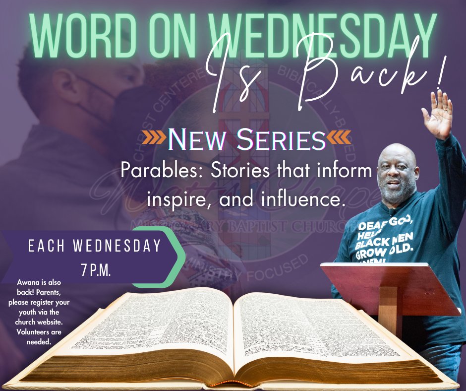 Hey family! Word on Wednesday is back! Join us tomorrow night for the start of a new series, Parables: Stories that inform, inspire, and influence.

Awana is also here! Parents, please be sure to register your youth via the church website. We can't wait to see you all!