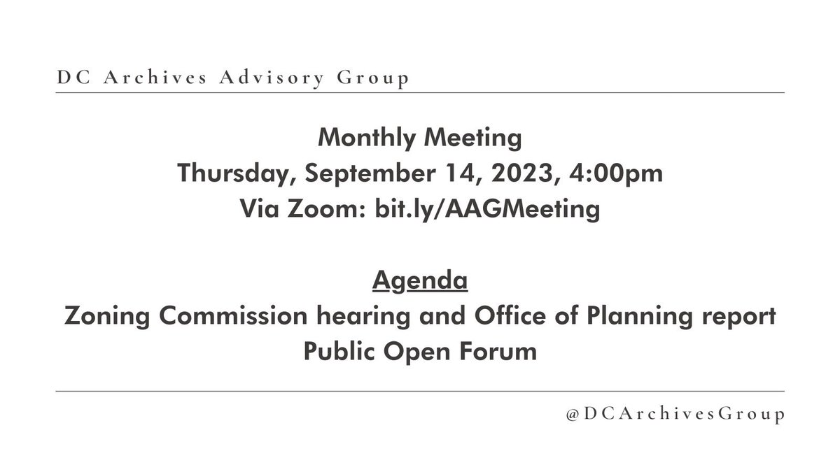The next Archives Advisory Group meeting is this Thursday 9/14 at 4pm. Join us on Zoom: bit.ly/AAGMeeting