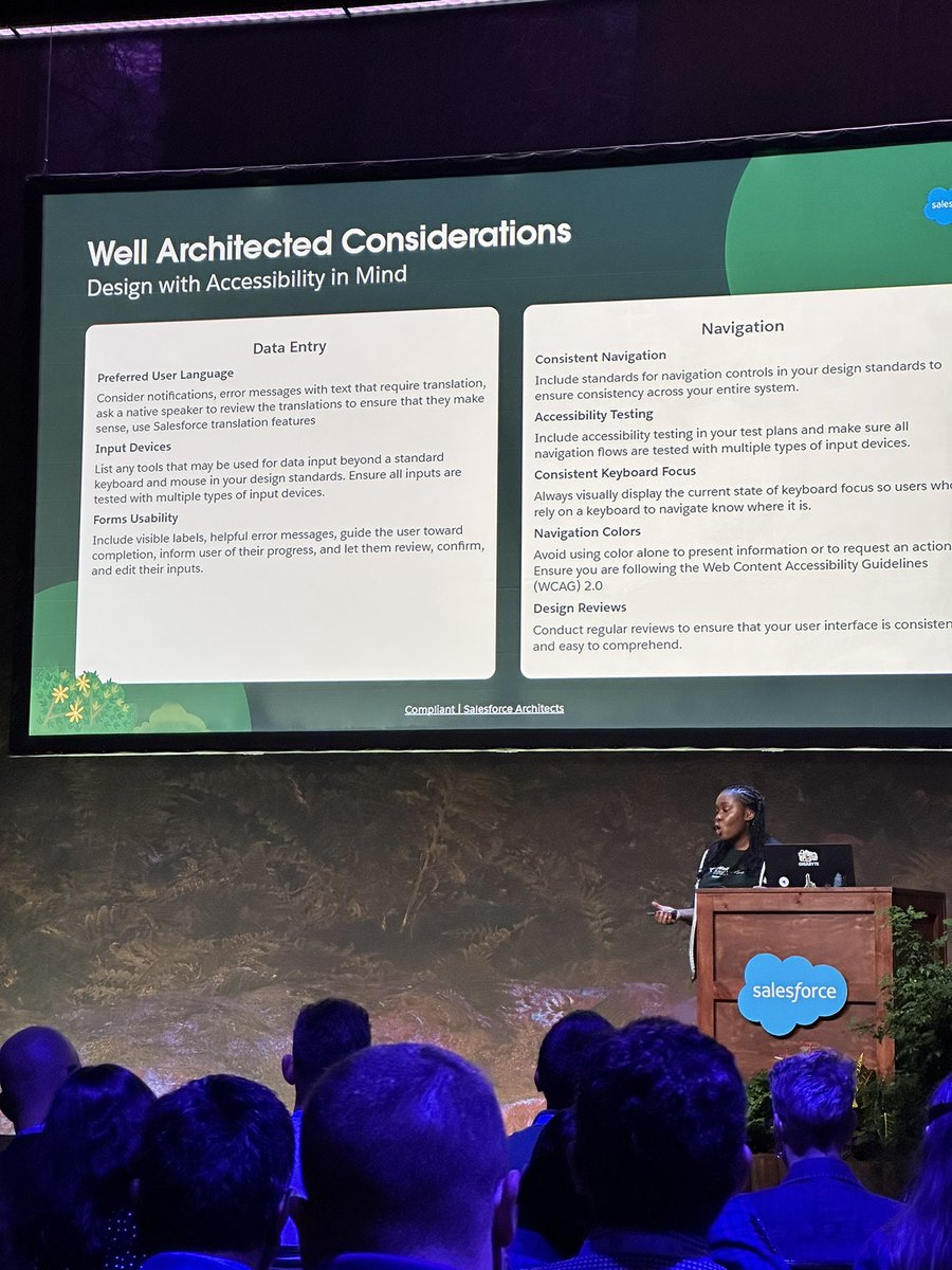 @SalesforceArchs must design applications with accessibility in mind. @Nadina_codes speaking about well architected solutions at #DF23